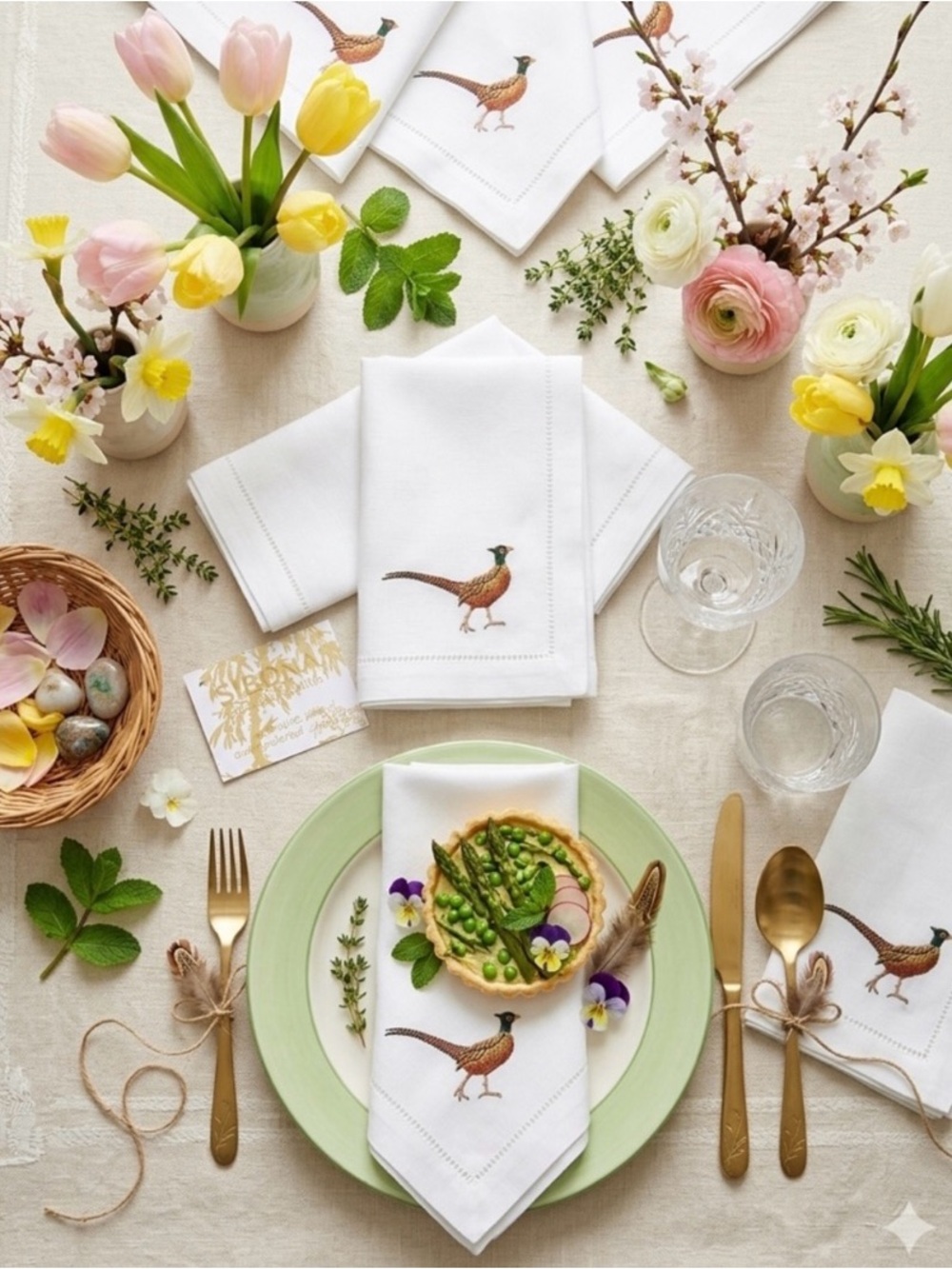 Sibona Hand Embroidered Pheasant Cloth Napkins Set of 6